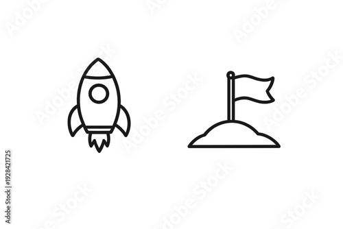 Minimalist line icons of a rocket ship launching and a flag planted on a planetary surface, presented as simple outlines on a dark, textured background with a grainy aesthetic.