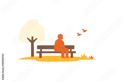 A minimalist vector illustration of an orange silhouette of a person sitting alone on a wooden park bench next to a tree with birds flying in the sky against a black background.