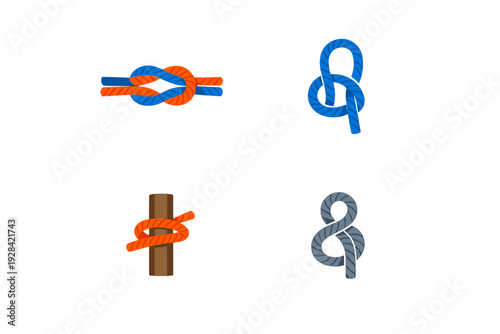 An illustration of four different types of nautical knots including a reef knot, bowline, clove hitch, and figure-eight knot, shown in various colors against a solid black background.