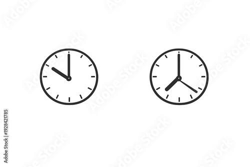 Two minimalist analog clock faces are displayed against a solid black background. The left clock shows ten o'clock, while the right clock indicates approximately seven twenty.