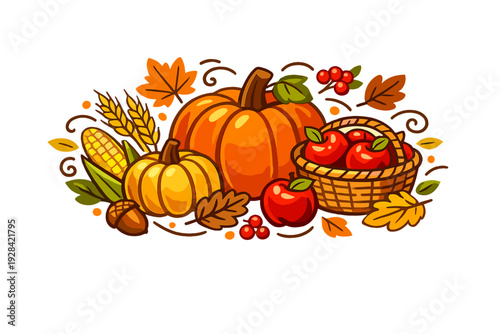 This colorful vector illustration showcases a bountiful autumn harvest with pumpkins, red apples in a basket, corn, wheat, and scattered fall leaves on a dark background.