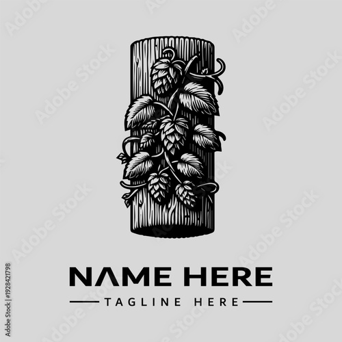 A black and white vintage woodcut-style illustration of hops growing on a wooden barrel with a placeholder name and tagline in a simple, iconic design.