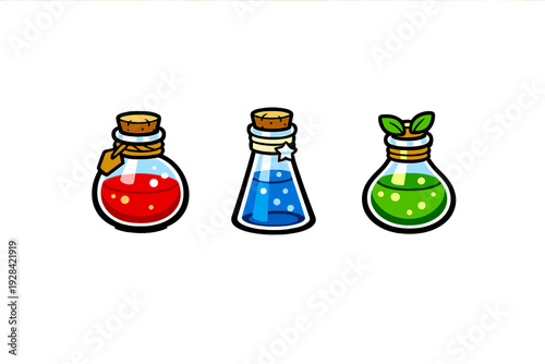 Three glass potion bottles containing red, blue, and green liquids with cork stoppers and decorative charms, isolated on a solid black background.