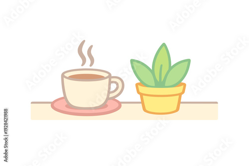 A simple illustration of a steaming cup of coffee on a pink saucer next to a green potted plant in a yellow pot, both resting on a light-colored shelf against a black background.