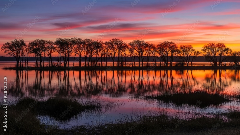 Obraz premium A serene landscape of trees reflected in calm water at sunset