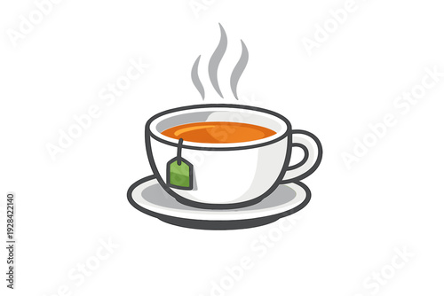 This vector illustration shows a white ceramic teacup on a saucer filled with hot orange tea. It includes a green tea bag tag and rising steam against a black background.
