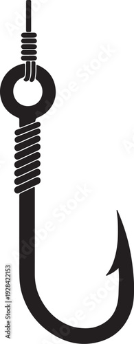 Black fishing hook with coiled wire detail and loop also transparent background silhouette sharp barb