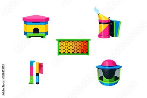 A collection of vibrant 3D beekeeping icons including a colorful beehive, smoker, honeycomb frame, hive tools, and a protective veil hat isolated on a solid black background.