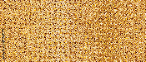 Sparkling gold disco background vector. Gradient round sequin pattern. Iridescent mosaic banner. Halftone glowing texture. Festive party backdrop. Pixel metallic