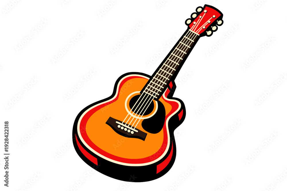 Fototapeta premium A stylized illustration of an acoustic guitar with a vibrant orange body and red outlines. The musical instrument is shown at a diagonal angle against a solid black background.