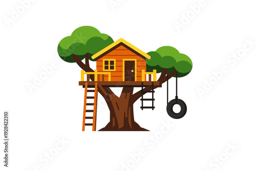 A flat vector illustration of a wooden treehouse built on a large tree with green leaves. It features a ladder, a rope ladder, a tire swing, and a small balcony with yellow railings.
