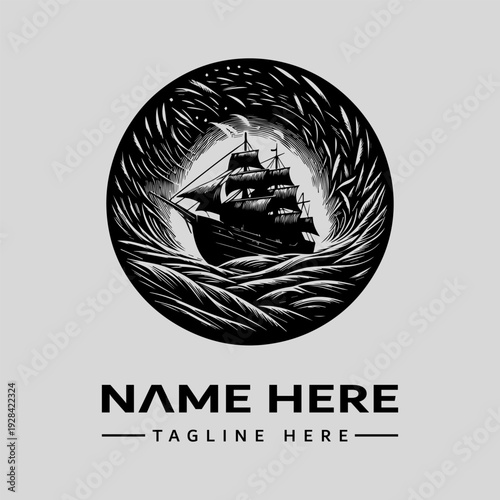 A vintage engraving of a ship in a stormy sea, surrounded by swirling waves, within a circular logo design with a woodcut style and a tagline space on a plain background.