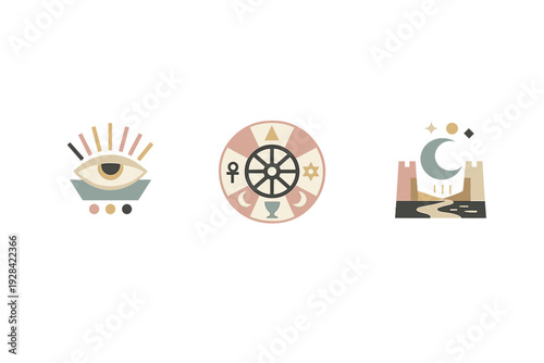 A set of three mystical icons featuring an all-seeing eye, a wheel of fortune with esoteric symbols, and a crescent moon over a landscape with towers on a black background.