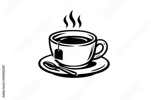 A minimalist line art illustration of a steaming cup of coffee or tea sitting on a saucer, featuring white outlines against a solid black background for a clean graphic look.