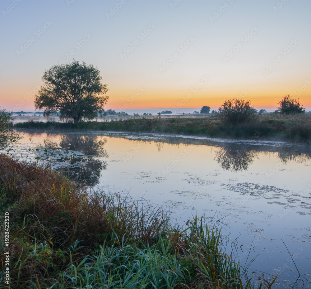 Obraz premium soft morning light on the foggy lake at sunrise 