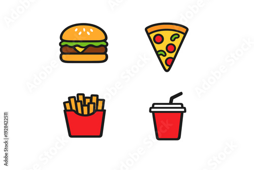 A collection of four flat fast food icons including a hamburger, a slice of pizza, french fries, and a soda cup with a straw, all set against a solid black background.