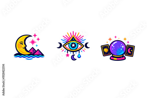 A set of three vibrant mystical icons featuring a crescent moon over pyramids, an all-seeing eye with celestial symbols, and a crystal ball with tarot cards on a black background.