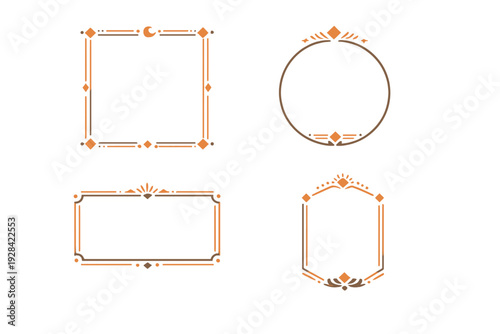 A set of four elegant celestial frames in orange and brown tones on a black background. The designs feature mystical elements like crescent moons, sunbursts, and geometric diamond shapes.