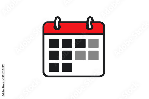 This flat graphic illustration shows a calendar icon with a red top and black body. It features grey squares representing dates and is set against a solid black background.