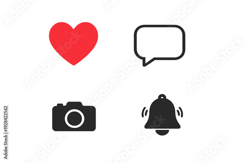 Four minimalist digital interface icons featuring a red heart, a white chat bubble, a black camera, and a ringing notification bell isolated on a dark black background.