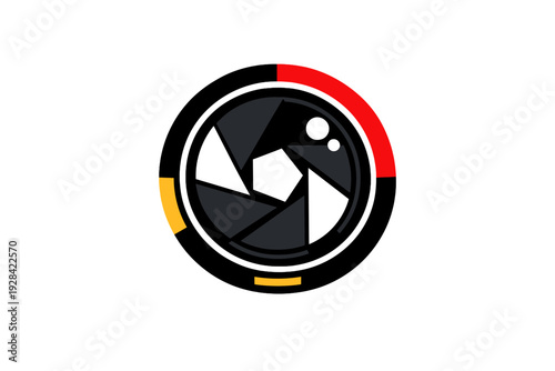 This minimalist graphic illustration shows a dark grey camera lens aperture icon on a black background, surrounded by vibrant red and yellow curved segments in a circular pattern.