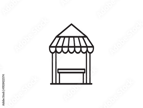 Simple line drawing of a small covered market stall or kiosk with a bench