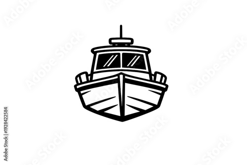 A minimalist black and white line art illustration of a motorboat viewed from the front. The design features a simple hull and cabin structure against a solid black background.
