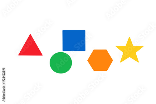 Free Download A collection of five colorful geometric shapes including a red triangle, blue square, green circle, orange hexagon, and yellow star arranged horizontally on a solid black background. - GFXLoad