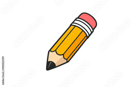 A cartoon illustration of a short yellow pencil with a pink eraser and black lead tip, isolated on a solid black background. The drawing features bold outlines and a flat design style.