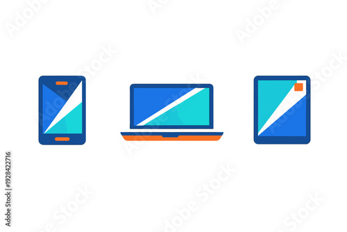 A flat illustration featuring a smartphone, a laptop, and a tablet on a black background. The devices are rendered in blue and orange with geometric shapes on their screens.