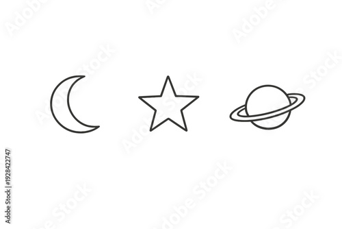 A minimalist illustration featuring three white line-art icons of a crescent moon, a five-pointed star, and a ringed planet, all arranged horizontally on a solid black background.