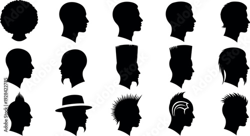 Vector illustration set of diverse male head profile silhouettes featuring various modern and classic hairstyles, beards, and grooming fashion styles.