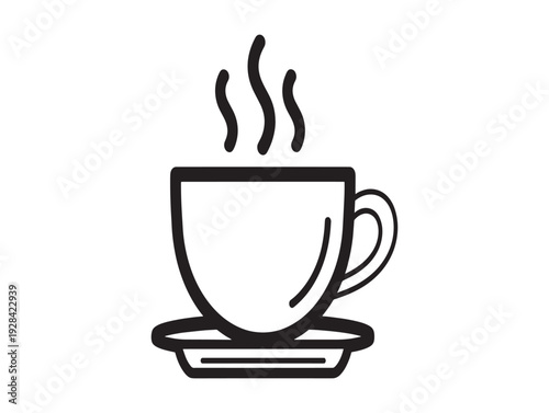 A simple line drawing of a steaming hot cup of coffee on a saucer