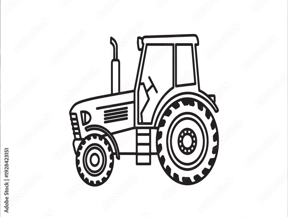 Obraz premium A black and white line drawing of a tractor with large wheels and a cab