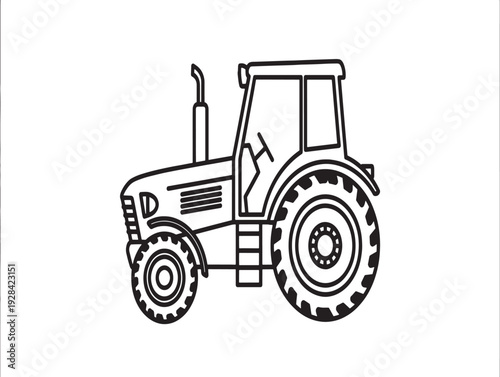 A black and white line drawing of a tractor with large wheels and a cab