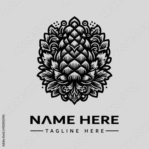 Black and white vintage engraving of a stylized artichoke logo with floral patterns and a clean gray background for branding or icon use.