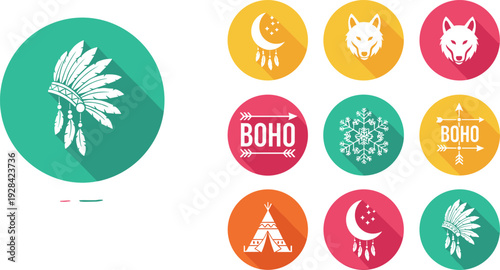 Boho Chic Icon Set Featuring Dreamcatchers, Feathers, Wolf, Teepee, and Moon for Bohemian Style, Spiritual, and Lifestyle Designs