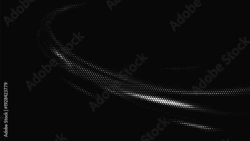 Dots halftone illustration on black background with curved white pattern