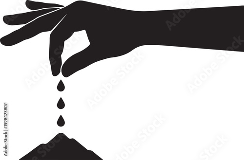 Black silhouette of a hand dropping water droplets onto a pile of soil also transparent background hand silhouette