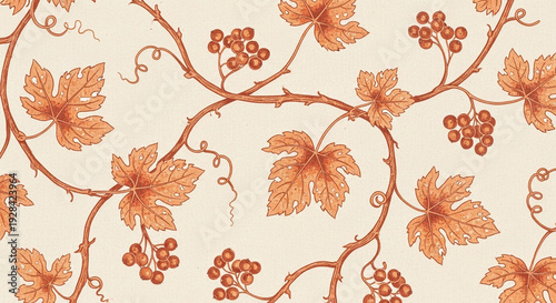 A beautiful illustration of grapevine leaves and berries on a cream background