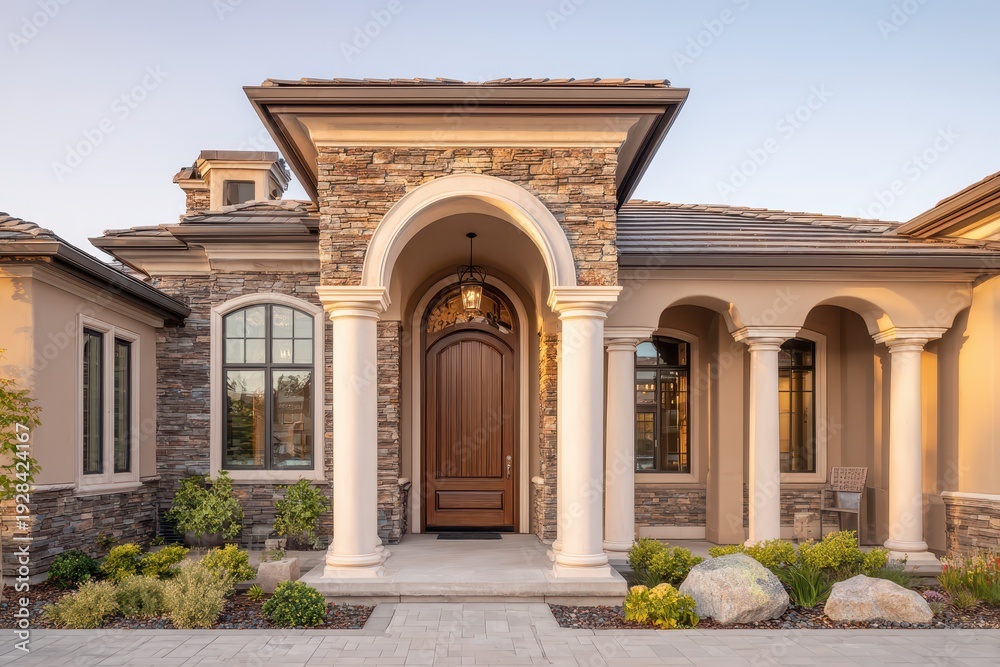 Fototapeta premium Architectural exterior detail: grand entrance, arched doorway, and textured stone accents