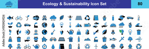 A Comprehensive Collection of Ecology and Sustainability Icons for Environmental Protection and Green Energy Concepts