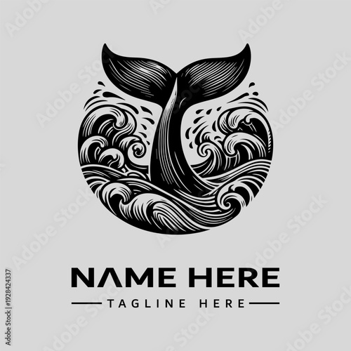 A black and white illustration of a whale tail logo with waves on a gray background, featuring a vintage woodcut style and a placeholder for a name and tagline.