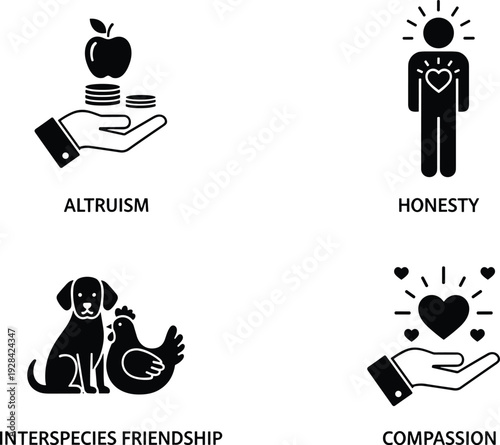 Humanitarian and Ethical Values Icon Set Featuring Altruism, Honesty, Compassion, and Interspecies Friendship Symbols for Social and Community Design Projects