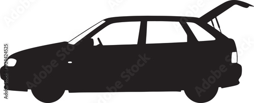 Black silhouette of a hatchback car with the rear trunk open on a white background also transparent background