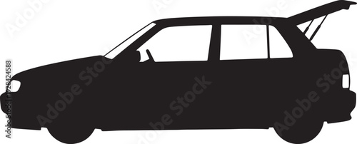 Black silhouette of a hatchback car with the trunk open viewed from the side also transparent background