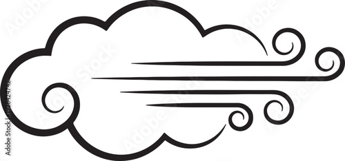 Stylized black cloud with swirling wind lines and curls on white background also transparent background