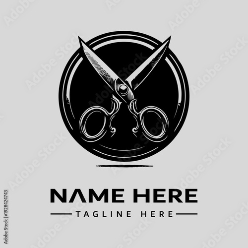 A black and white logo illustration of scissors within a circle with space for a business name and tagline on a gray background.