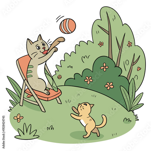 A father cat sitting in a chair throwing a ball, and kitten running to bring the ball, playing in a garden, full vector SVG
