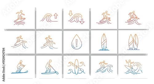 Surfing and Water Sports Icon Set Featuring Surfboards, Wave Riding, and Action Symbols for Water Sports Enthusiasts and Adventure Designs